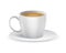 Realistic white coffee cup with espresso drink. Mug on plate side view, Ceramic tableware for hot beverages, delicious