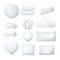 Realistic white cushion pillows, mask. White orthopedic pillows different shapes.