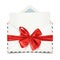 Realistic white envelope with blank paper sticking out and decorative red bow, vector illustration