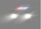 Realistic white glow of round beams of car headlights, isolated against a background of transparent gloom. Vector bright