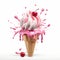 Realistic White Ice Cream Cone With Cherries And Cherry Splash