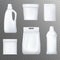 Realistic white plactic bottles. Household chemicals, detergent package, box mock up. Vector.