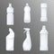 Realistic white plactic bottles. Household chemicals and liquid detergent package mock up. Vector.