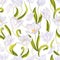 Realistic white tulips, light green leaves vector seamless background