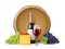 Realistic wine grape composition. Still life on wooden barrel background, noble alcoholic drink, grapes and snacks