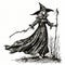 Realistic Witch Illustration: Detailed And Energy-filled Character Walking With Broom