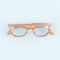 Realistic wood sunglasses lie on blue background. Summer poster. 3D model render illustration
