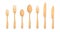 Realistic wooden cutlery. Biodegradable bamboo forks, spoons and knifes made of natural reusable material. Vector 3D eco