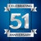 Realistic Years Anniversary Celebration design banner. Silver number, confetti and ribbon on blue background. Colorful