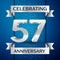 Realistic Years Anniversary Celebration design banner. Silver number, confetti and ribbon on blue background. Colorful