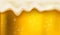 Realistic yellow beer foam. Macro fizzy beers for octoberfest or breweries, golden liquid flow at border glass, drunk
