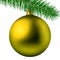 Realistic yellow matte Christmas ball or bauble with fir branch isolated on white background. Vector illustration