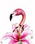 Realistik pink flamingo with lily flower. Hand drawn watercolor illustration isolated on white background. Exotic tropical bird.