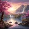 Realm of Serenity: A tranquil landscape with a majestic waterfall cascading into a serene lake, surrounded by lush green