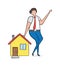 Realtor leaning on house, hand-drawn vector illustration. Balck outlines, color