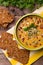 Ð¡ream soup from squash with thyme, paprika, pumpkin seeds, parsley and with rye crackers