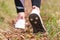 Rear close up view of female step on nature track. Young woman hiking in nature. Adventure, sport and exercise concept