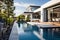 Rear garden of a contemporary Australian home with tiled swimming pool, modern real estate