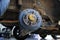 A rear hub of the car after removing a tire and wheel, maintaining a brake and wheel system, car jack-up for change a car wheel,