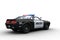 Rear perspective 3D rendering of a black and white american police car isolated on white