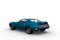 Rear perspective 3D rendering of a blue and white 1970s vintage American muscle car isolated on a white background