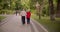 Rear portrait of two elderly spouses walking around the park holding hands.