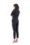 Rear profile view of elegant business woman spectator in suit watching interested at attention