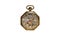 Rear viev of golden old pocket watch with open clockwork on white isolated background. Mechanism of golden vintage watch