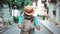 Rear view active hiker backpack woman in hat walking on narrow street of cozy European city