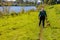 Rear view of adult female hiker walking with her brown dachshund on bank of Maas river