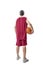 Rear view of asian man in basketball uniform holding the ball