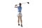 Rear view of asian woman on long drive swing with wood club