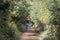 Rear view of blonde woman walking on forest path