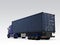 Rear view of blue container truck isolated on gray background