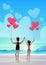 Rear view couple holding pink heart shape air balloons sea ocean beach summer vacation concept african american man
