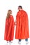 rear view of couple in masks and cloaks holding hands and looking at each other