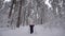 Rear view of an elderly woman who is engaged in Nordic walking on a snowy path in the woods. The modern form sport