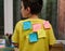 Rear view elementary school student with paper for notes glued on yellow t-shirt with inscriptions: Motivation Knowledge