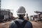 Rear view of engineer with safety helmet at construction site. Industrial background, An engineers rear view wearing a safety