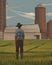 Rear view of farmer looking at farm house and silo, generative ai