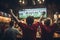 Rear view of football fans cheering with arms raised at bar counter, rear view Friends Watching Game In Sports Bar On Screens