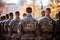 Rear view of a group of soldiers on a military parade, US soldiers standing in a formation on a ceremony, rear view, top section