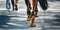 A rear view of a horse breeder walking with a sorrel horse, which steps with shod hooves on the asphalt. Equestrian sports