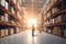 Rear view of male supervisor standing in warehouse. This is a freight transportation and distribution warehouse