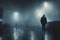 Rear view of man in black coat and hat standing in rain on city street at night.