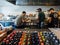 Rear view of multi ethnic workers inside cafeteria burger restaurant with