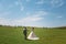 Rear view, newlyweds are walking along the green field of the golf club on a wedding day. The bride and groom in wedding