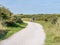 Rear view of people riding bikes on bicycle path in dunes of nature reserve Het Oerd on West Frisian island Ameland, Netherlands