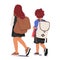 Rear View Of Schoolchildren Boy and Girl Characters with Backpacks and Books, Walking Towards School