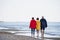 Rear view of senior couple holding hands with their preteen granddaughter and walking on sandy beach